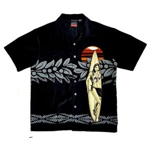 C-Two Hawaiian Style Shirt Large Black w/ Surfer girl & Surfboard Short Sleeve